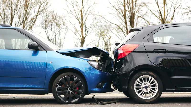 Two cars after a rear-end collision